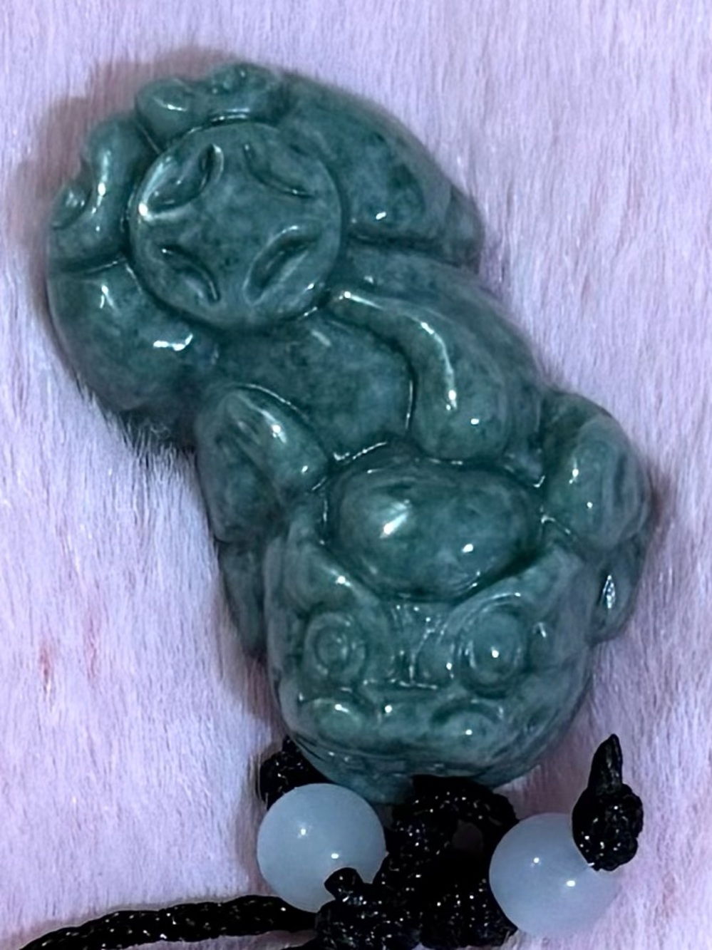 Certified Grade A Green Jade Pixiu Pendant Necklace on Black Cord
